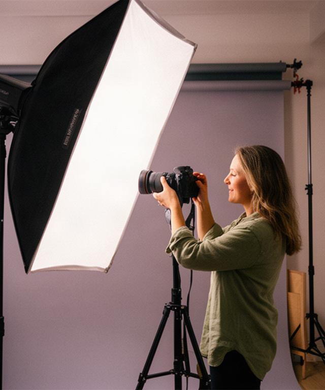 Fotógrafa ajustando una luz suave antes de una sesión de retrato en el estudio