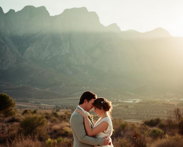 Novios abrazados frente a una sierra durante una boda en el Valle de Murcia