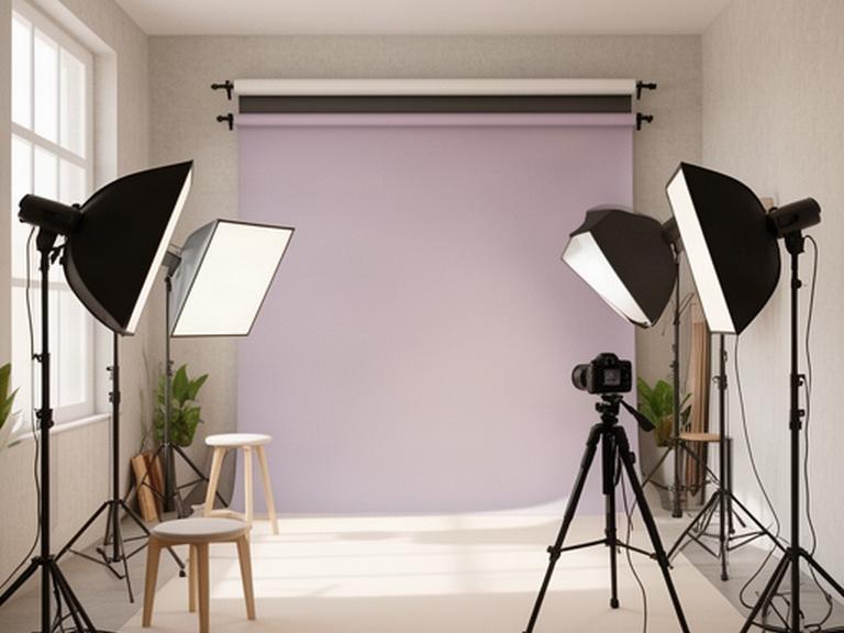 Interior luminoso del estudio de fotografía en Calle Industria, con fondos de retrato y focos LED preparados