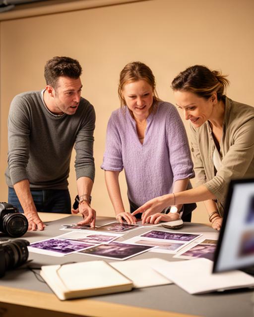 Cliente revisando una selección de fotografías junto al equipo en una mesa de trabajo